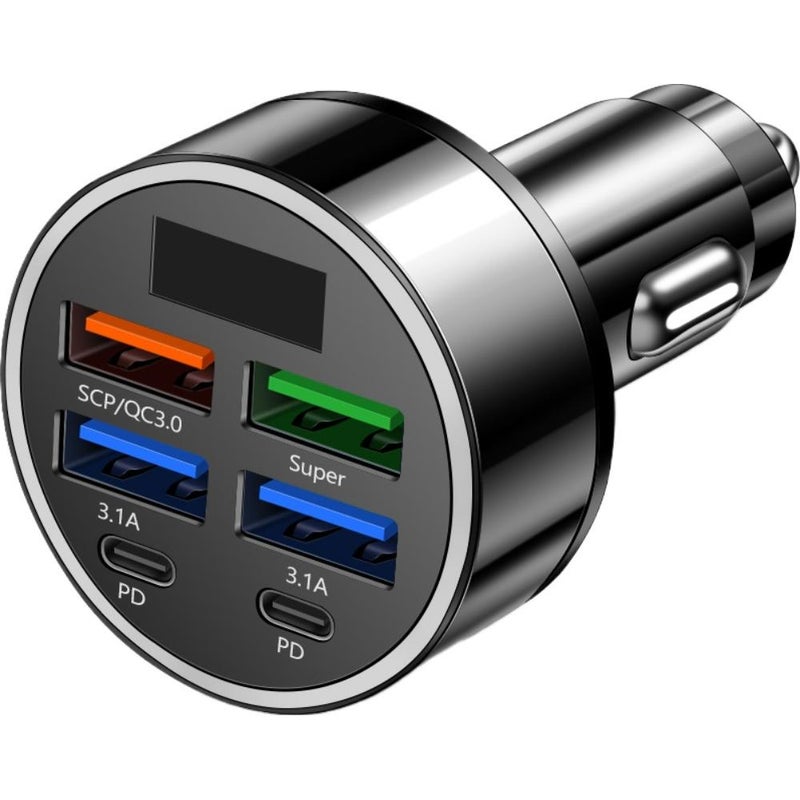 Six-in-one multi-port car charger with digital display, supports ultra-fast car charging. 6 ports with voltage support, one-to-six fast charging for car chargers.